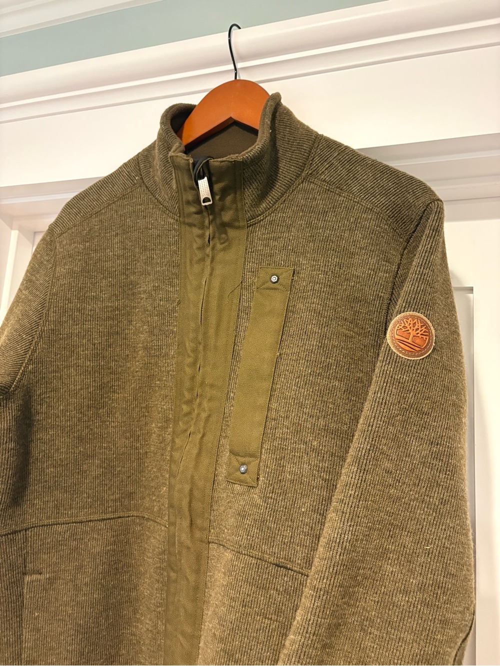 Timberland Men's Olive Green Zip-Up Ribbed Sweater Jacket